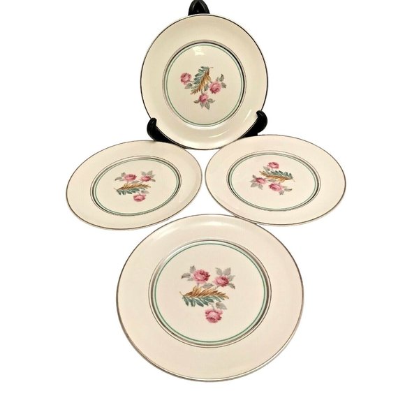 4 Pope Gosser Salad Plates Pattern 1219 Floral Design 7" Green & Platinum Bands - Picture 1 of 8